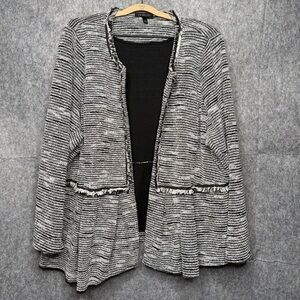 Lane Bryant Black and White Striped Tweed Jacket with Fringe